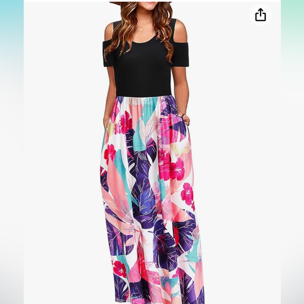 Sundress Maxi Cold Shoulder Long Dress with Pockets Size Large